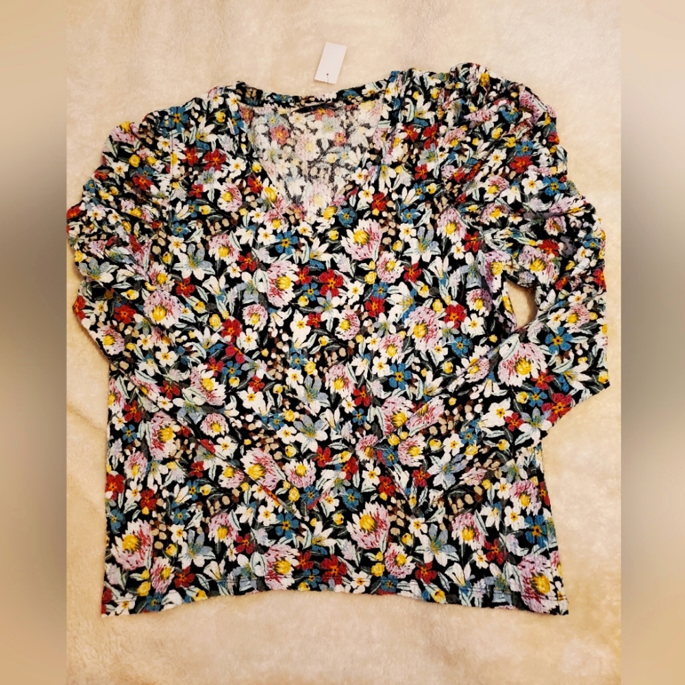 LOFT Women's Floral Puff Sleeve V-Neck Top X-LARGE